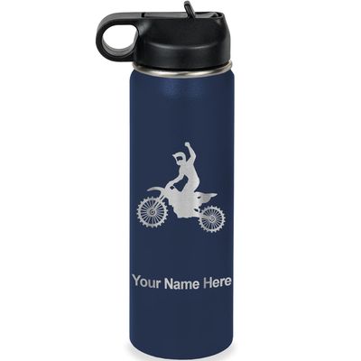 LaserGram Personalized Water Bottle, Motocross, Stainless Steel Double Wall Vacuum Insulated with Flip Top Straw, Custom Engraved Gift (20oz / 590ml Navy Blue)