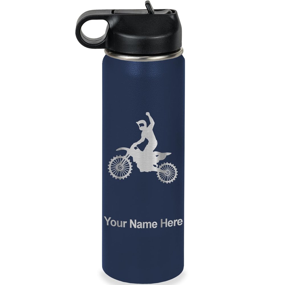 LaserGram Personalized Water Bottle, Motocross, Stainless Steel Double Wall Vacuum Insulated with Flip Top Straw, Custom Engraved Gift (20oz / 590ml Navy Blue)