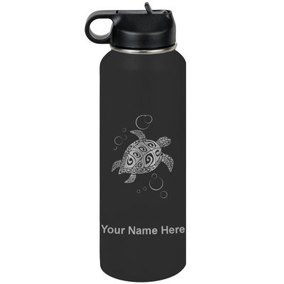 LaserGram Personalized Water Bottle, Hawaiian Sea Turtle, Stainless Steel Double Wall Vacuum Insulated with Flip Top Straw, Custom Engraved Gift (40oz / 1180ml Black)