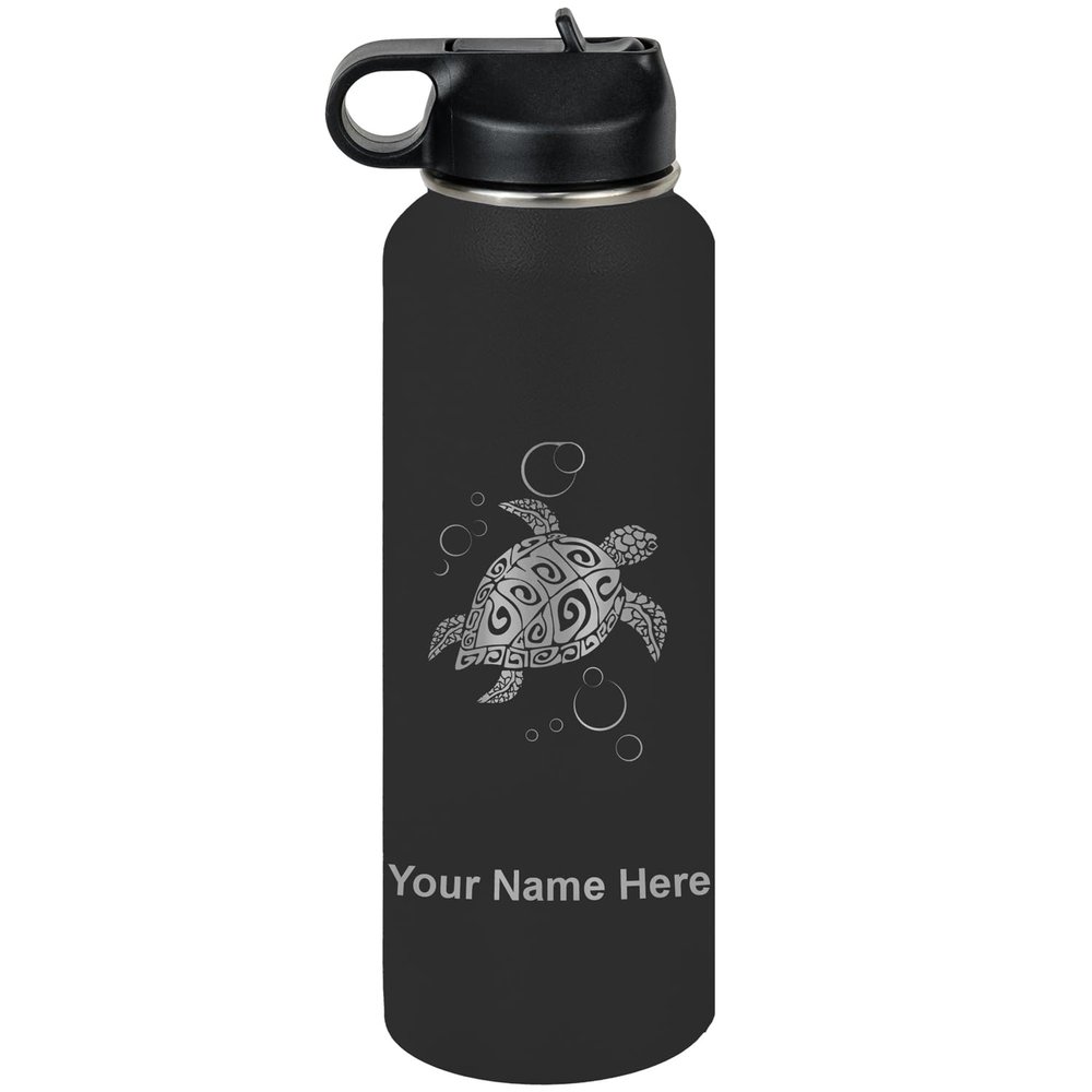 LaserGram Personalized Water Bottle, Hawaiian Sea Turtle, Stainless Steel Double Wall Vacuum Insulated with Flip Top Straw, Custom Engraved Gift (40oz / 1180ml Black)