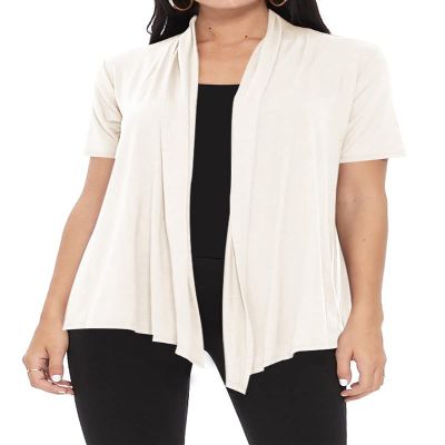 Casual Short Sleeve Draped Open Front Solid Cardigan Ivory 3XL
