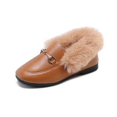 TangDao Toddler Little Big Kids Boat Dress Shoes Soft Slip-on Flats Shoes with Fur Girls Boys Comfort Loafers Leather Warm Dress Shoes for Girls (13, Brown, Numeric_13)
