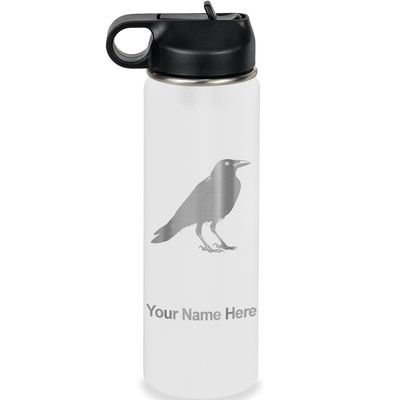 LaserGram Personalized Water Bottle, Crow, Stainless Steel Double Wall Vacuum Insulated with Flip Top Straw, Custom Engraved Gift (20oz / 590ml White)