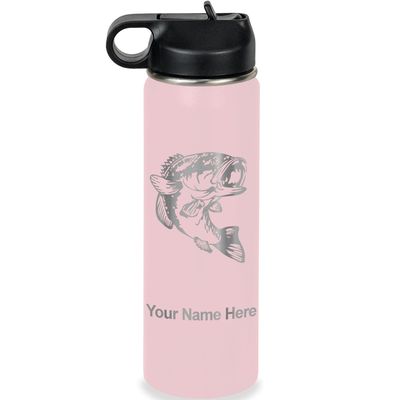 LaserGram Personalized Water Bottle, Bass Fish, Stainless Steel Double Wall Vacuum Insulated with Flip Top Straw, Custom Engraved Gift (20oz / 590ml Pink)