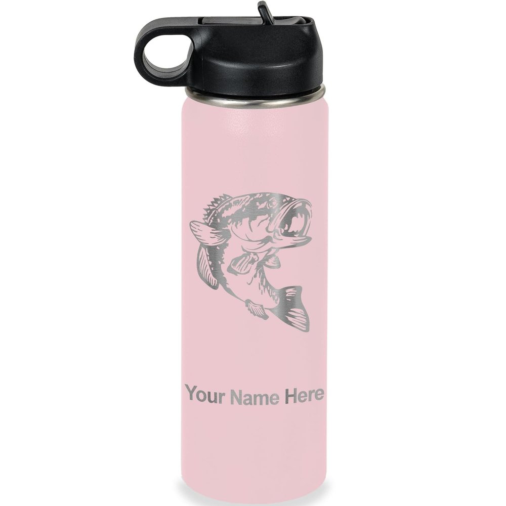 LaserGram Personalized Water Bottle, Bass Fish, Stainless Steel Double Wall Vacuum Insulated with Flip Top Straw, Custom Engraved Gift (20oz / 590ml Pink)