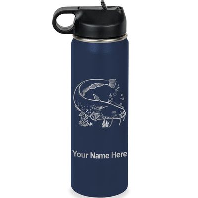 LaserGram Personalized Water Bottle, Catfish, Stainless Steel Double Wall Vacuum Insulated with Flip Top Straw, Custom Engraved Gift (20oz / 590ml Navy Blue)