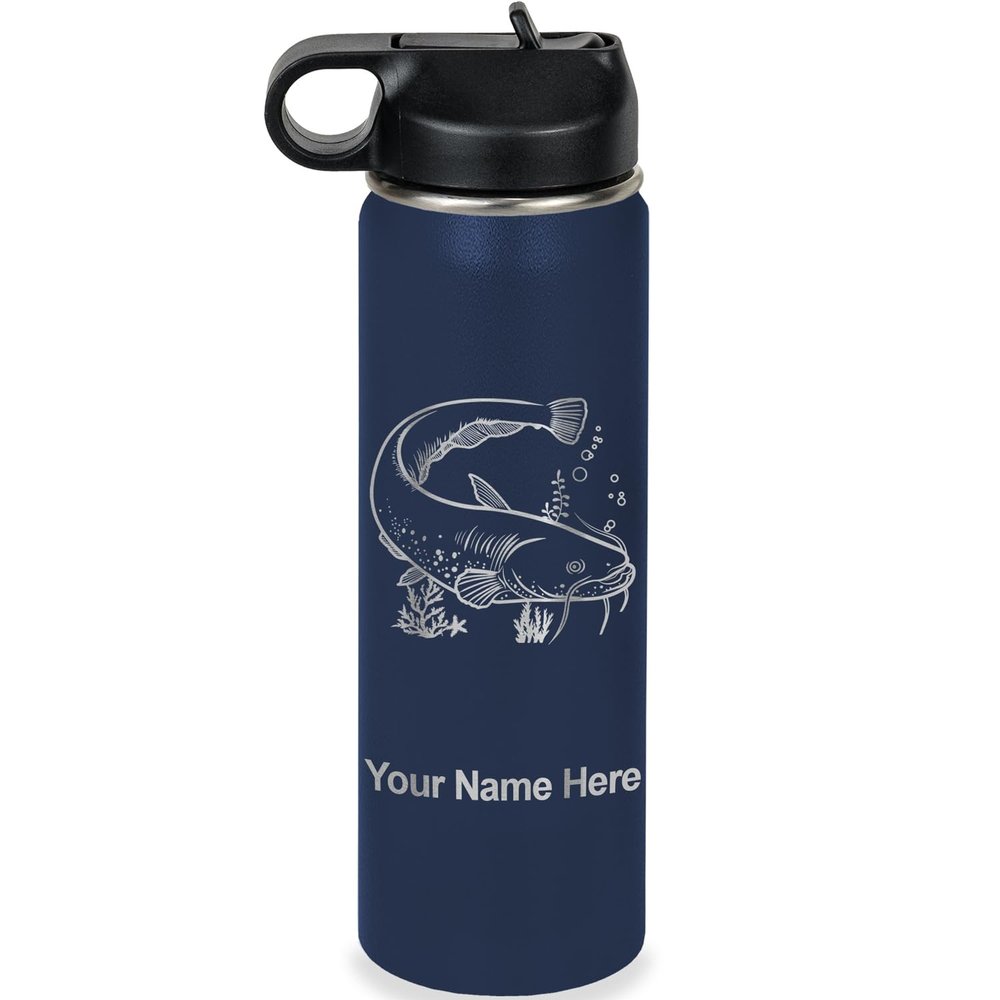 LaserGram Personalized Water Bottle, Catfish, Stainless Steel Double Wall Vacuum Insulated with Flip Top Straw, Custom Engraved Gift (20oz / 590ml Navy Blue)