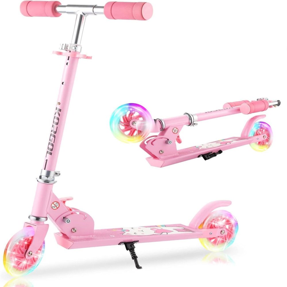 Scooter for Kids Ages 3-10 - Kids Kick Scooters with Led Light Up Wheels & 3 Levels Adjustable Handlebar, Lightweight Foldable 2 Wheel Girly Pink Scooter, Christmas Birthday Gifts for Girls Boys.