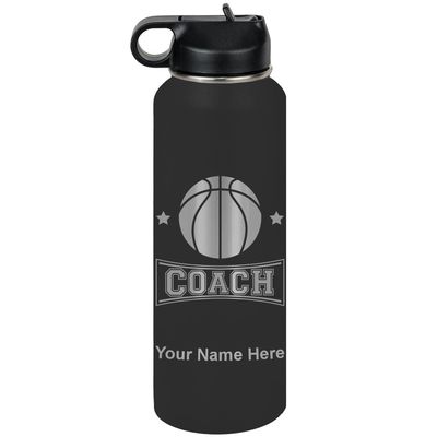 LaserGram Personalized Water Bottle, Basketball Coach, Stainless Steel Double Wall Vacuum Insulated with Flip Top Straw, Custom Engraved Gift (40oz / 1180ml Black)