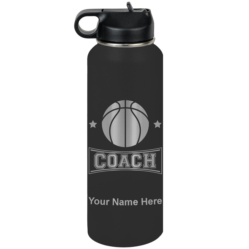 LaserGram Personalized Water Bottle, Basketball Coach, Stainless Steel Double Wall Vacuum Insulated with Flip Top Straw, Custom Engraved Gift (40oz / 1180ml Black)