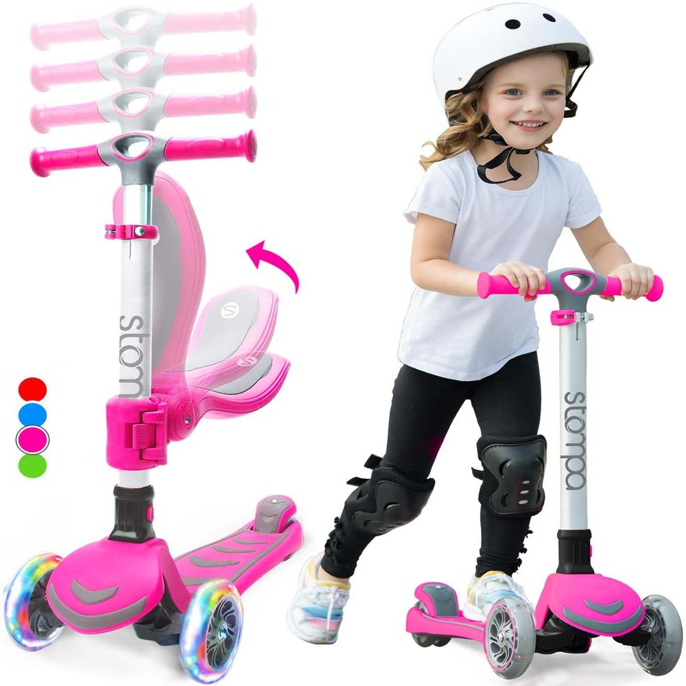 Stompa Kids Scooter 2-in-1 Light Up 3 Wheel Scooters with 4 Levels Adjustable Handlebar, Foldable Seat, Widen No-Slip Deck for Girls & Boys Ages 3-8 Years Old Pink