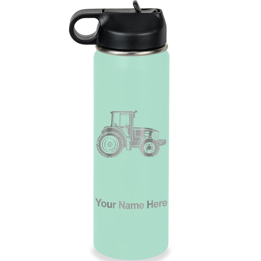 LaserGram Personalized Water Bottle, Farm Tractor, Stainless Steel Double Wall Vacuum Insulated with Flip Top Straw, Custom Engraved Gift (20oz / 590ml Teal)