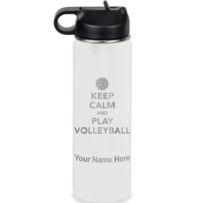 LaserGram Personalized Water Bottle, Keep Calm and Play Volleyball, Stainless Steel Double Wall Vacuum Insulated with Flip Top Straw, Custom Engraved Gift (20oz / 590ml White)