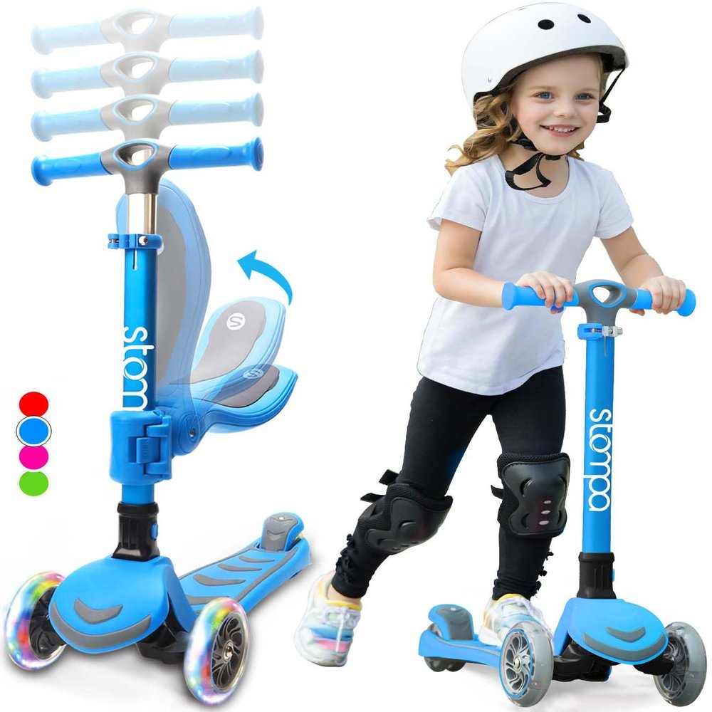 Stompa Kick Scooter for Kids 2-in-1 Light Up 3 Wheel Scooters with 4 Levels Adjustable Handlebar, Foldable Seat, Widen No-Slip Deck for Girls & Boys Ages 3-8 Years Old