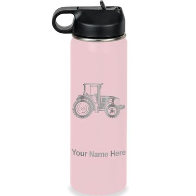 LaserGram Personalized Water Bottle, Farm Tractor, Stainless Steel Double Wall Vacuum Insulated with Flip Top Straw, Custom Engraved Gift (20oz / 590ml Pink)