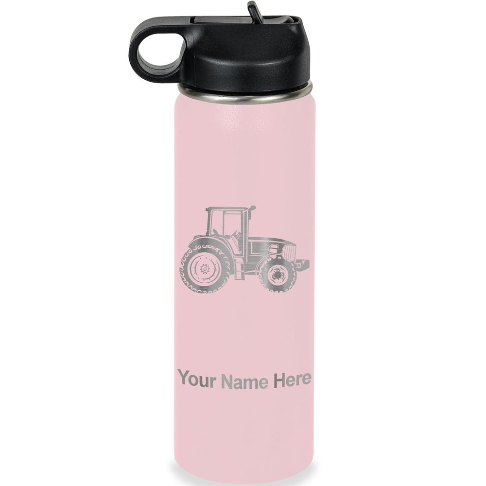 LaserGram Personalized Water Bottle, Farm Tractor, Stainless Steel Double Wall Vacuum Insulated with Flip Top Straw, Custom Engraved Gift (20oz / 590ml Pink)