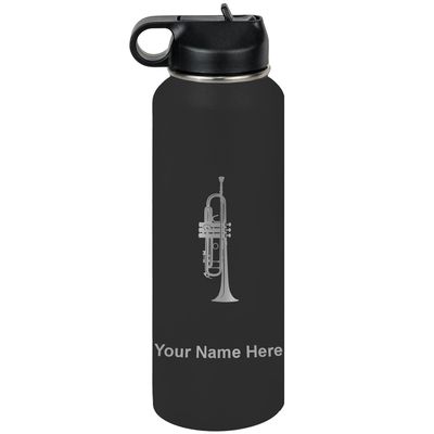 LaserGram Personalized Water Bottle, Trumpet, Stainless Steel Double Wall Vacuum Insulated with Flip Top Straw, Custom Engraved Gift (40oz / 1180ml Black)