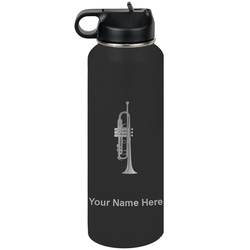 LaserGram Personalized Water Bottle, Trumpet, Stainless Steel Double Wall Vacuum Insulated with Flip Top Straw, Custom Engraved Gift (40oz / 1180ml Black)