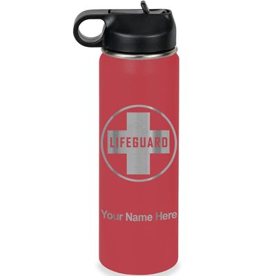 LaserGram Personalized Water Bottle, Lifeguard, Stainless Steel Double Wall Vacuum Insulated with Flip Top Straw, Custom Engraved Gift (20oz / 590ml Maroon)