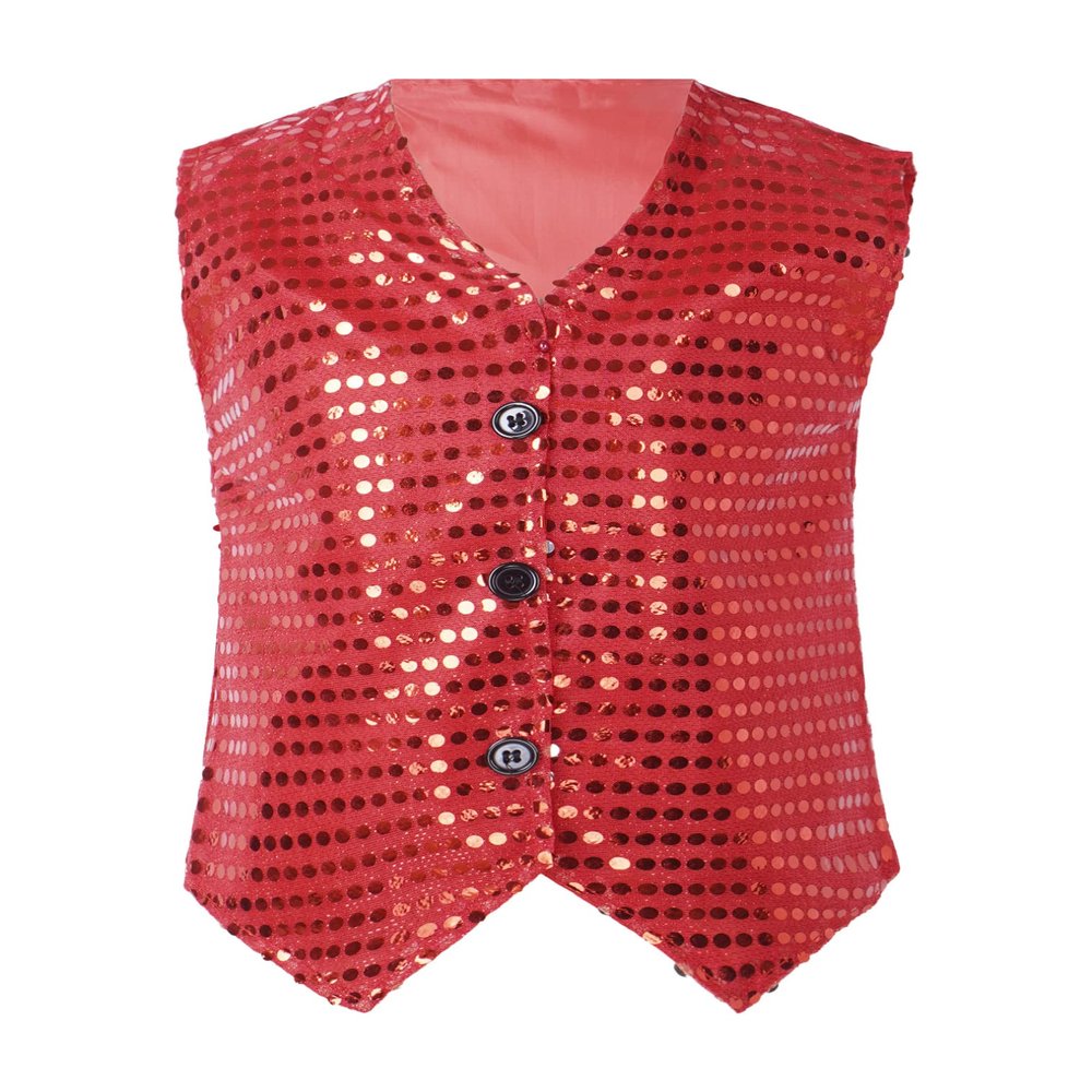 FEESHOW Kids Boys Girls Glittery Sequins Sleeveless Button Closure Vest Jacket for Stage Performance Show Dancewear Red 4-5 Years