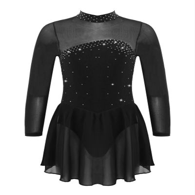 Oyolan Kids Girls Rhinestones Figure Ice Skating Dress Mesh Spliced Long Sleeve Keyhole Back Ballet Dance Leotard Dress Black 12 Years