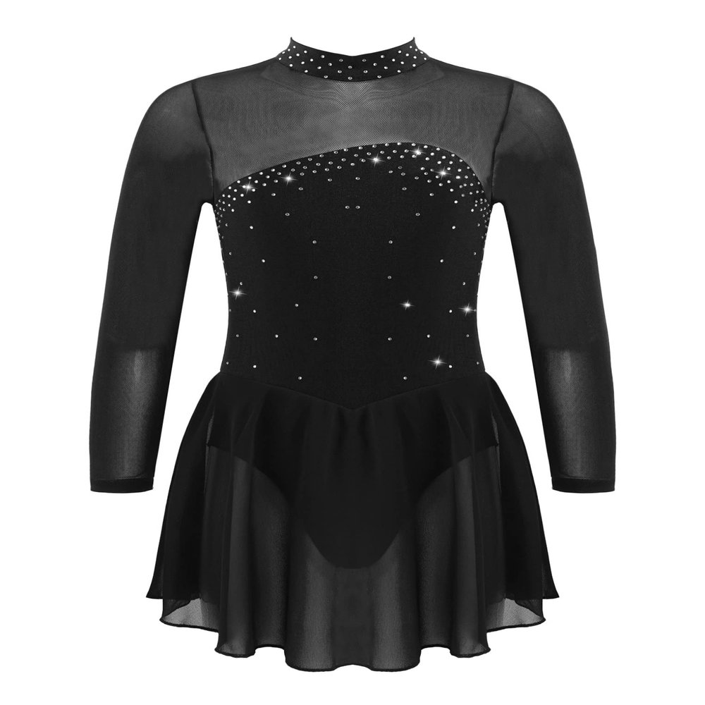 Oyolan Kids Girls Rhinestones Figure Ice Skating Dress Mesh Spliced Long Sleeve Keyhole Back Ballet Dance Leotard Dress Black 12 Years