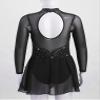 Oyolan Kids Girls Rhinestones Figure Ice Skating Dress Mesh Spliced Long Sleeve Keyhole Back Ballet Dance Leotard Dress Black 12 Years view 4