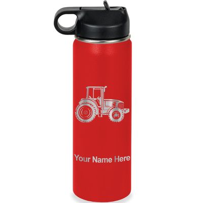 LaserGram Personalized Water Bottle, Farm Tractor, Stainless Steel Double Wall Vacuum Insulated with Flip Top Straw, Custom Engraved Gift (20oz / 590ml Red)