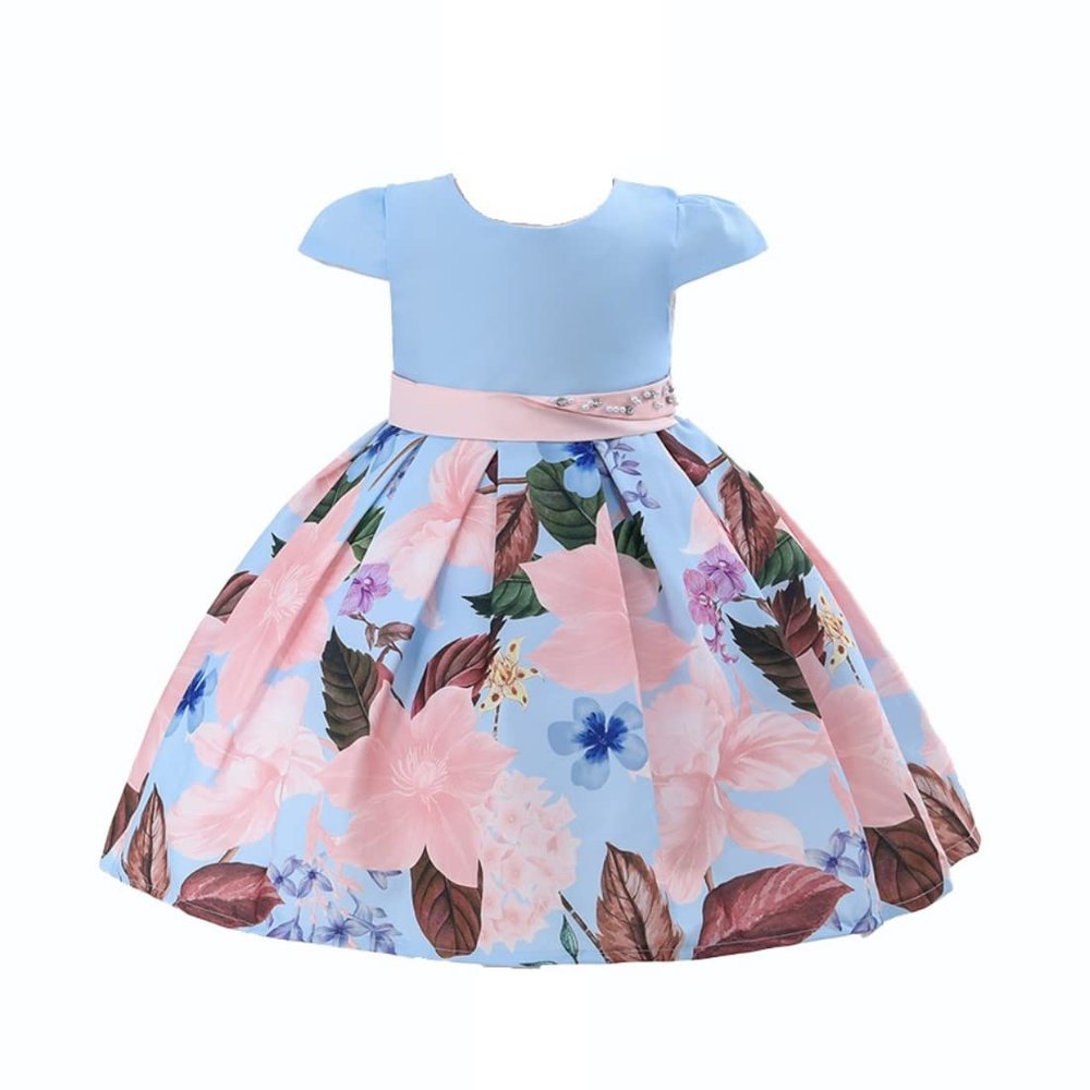 Cosplay Life Elegant Flower Dress for Girls Young Adults Fashion Bow Flower Waistline Kids Party Festival Ages 2-6 Years Old (Blue, 2YRS)