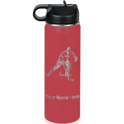LaserGram Personalized Water Bottle, Hockey Player Man, Stainless Steel Double Wall Vacuum Insulated with Flip Top Straw, Custom Engraved Gift (20oz / 590ml Maroon)
