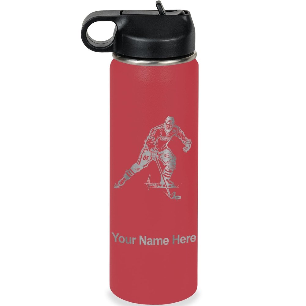 LaserGram Personalized Water Bottle, Hockey Player Man, Stainless Steel Double Wall Vacuum Insulated with Flip Top Straw, Custom Engraved Gift (20oz / 590ml Maroon)