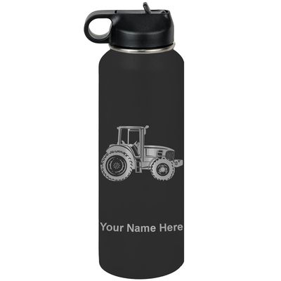LaserGram Personalized Water Bottle, Farm Tractor, Stainless Steel Double Wall Vacuum Insulated with Flip Top Straw, Custom Engraved Gift (40oz / 1180ml Black)