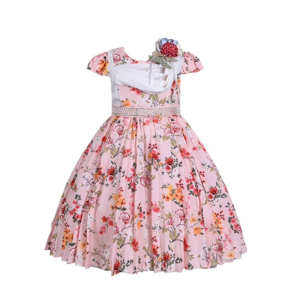 Cosplay Life Elegant Flower Dress for Girls Young Adults Fashion Bow Flower Waistline Kids Party Festival Ages 2-6 Years Old (Peach, 2YRS)