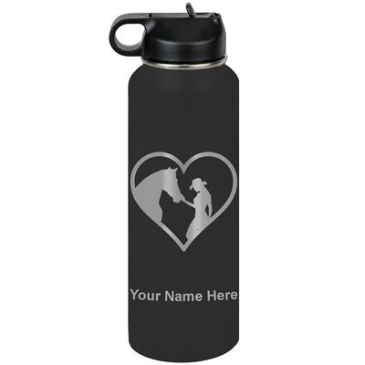 LaserGram Personalized Water Bottle, Horse Cowgirl Heart, Stainless Steel Double Wall Vacuum Insulated with Flip Top Straw, Custom Engraved Gift (40oz / 1180ml Black)