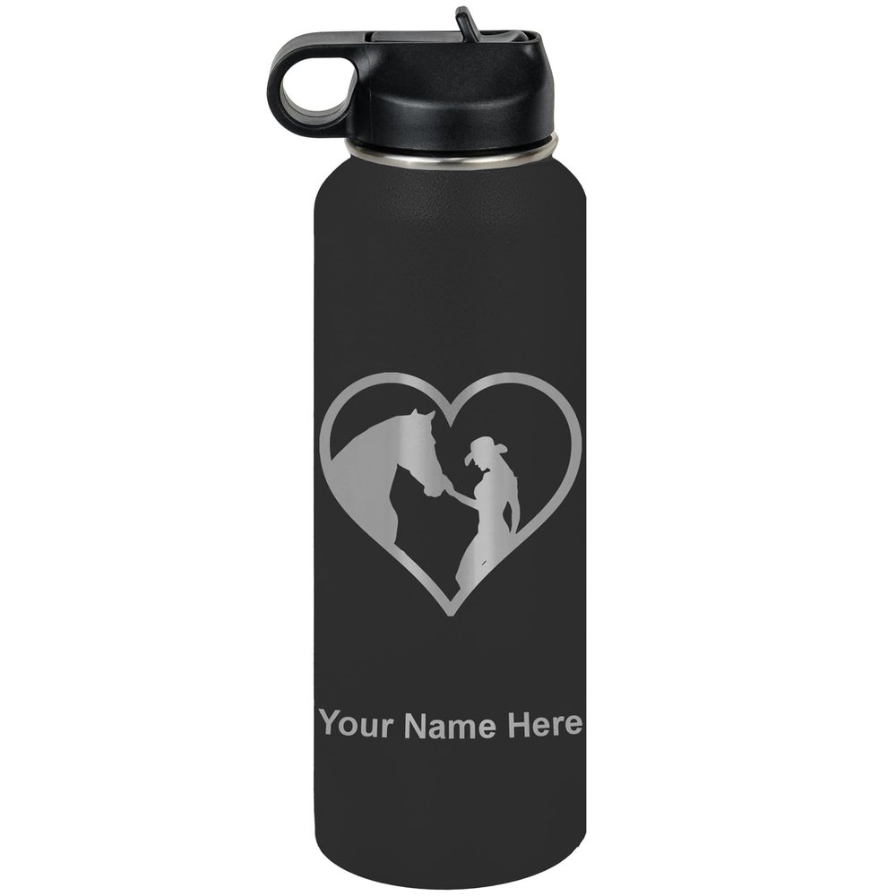 LaserGram Personalized Water Bottle, Horse Cowgirl Heart, Stainless Steel Double Wall Vacuum Insulated with Flip Top Straw, Custom Engraved Gift (40oz / 1180ml Black)