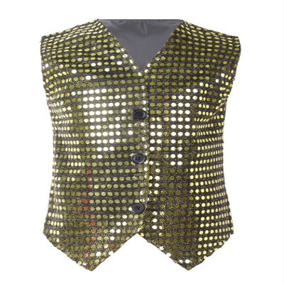 FEESHOW Kids Boys Girls Glittery Sequins Sleeveless Button Closure Vest Jacket for Stage Performance Show Dancewear Black&Gold 4-5 Years