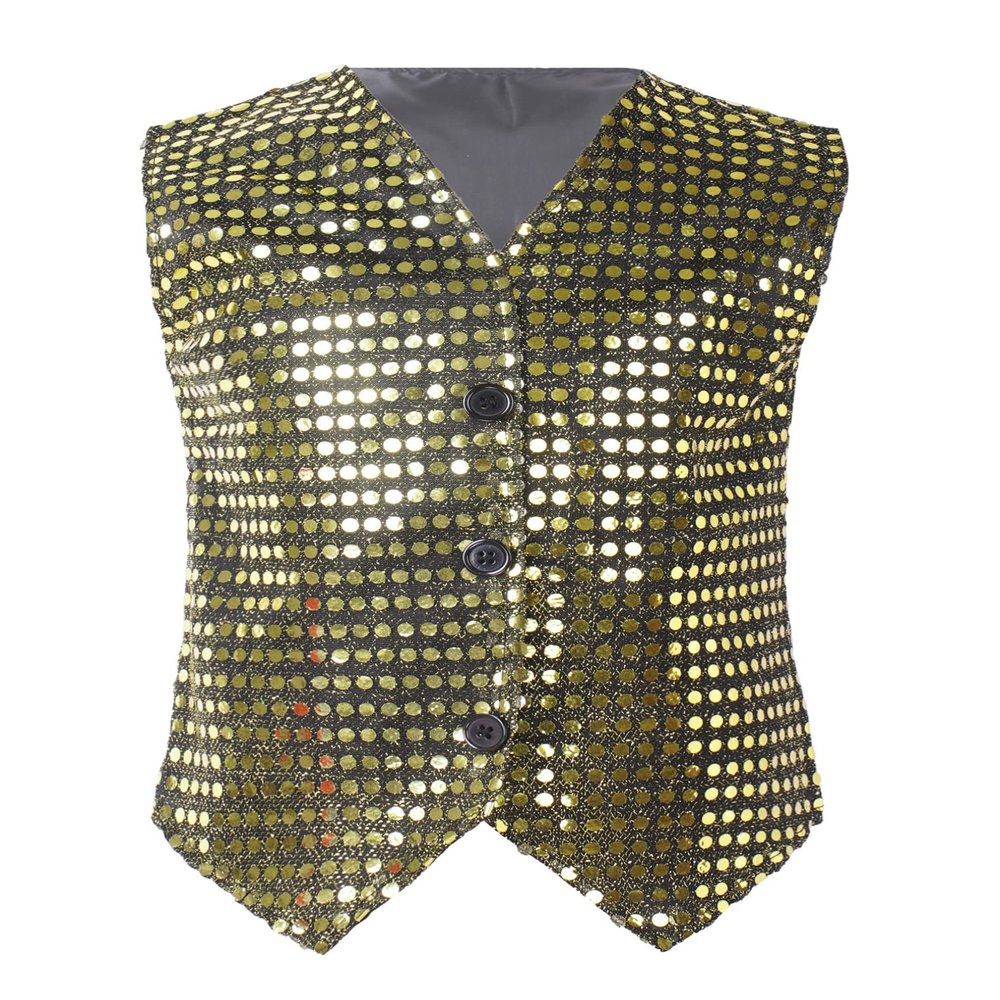 FEESHOW Kids Boys Girls Glittery Sequins Sleeveless Button Closure Vest Jacket for Stage Performance Show Dancewear Black&Gold 4-5 Years
