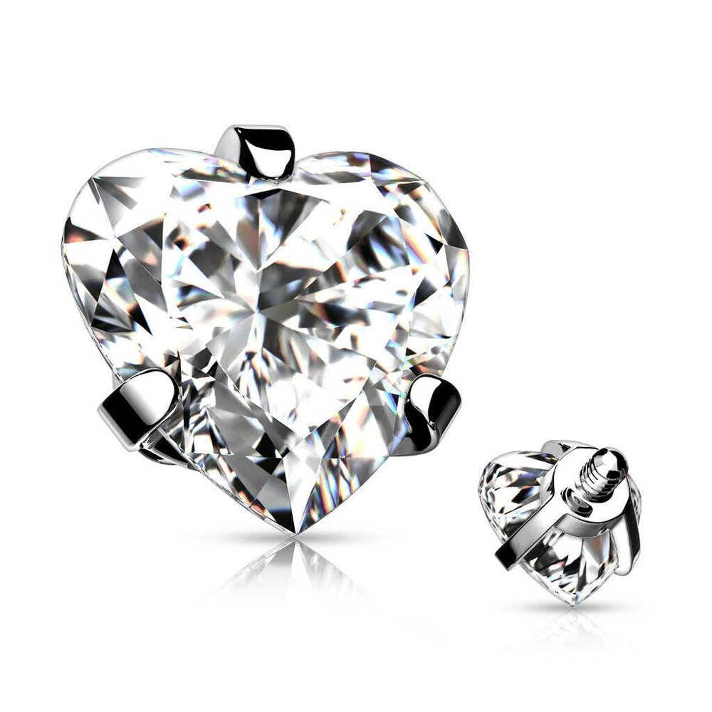 3 Pc 4 MM Heart Shape CZ Internal Threaded Dermal Anchor Heads 14G