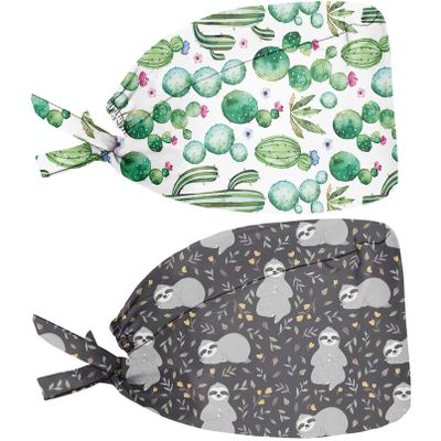 Babrukda Pack of 2 Tropical Cactus Sloth Women Men Cap with Sweatband Adjustable Tie Back Hats Headwear for Summer Beach Head Hair Cover One Size Tie Beanies Scurb Caps