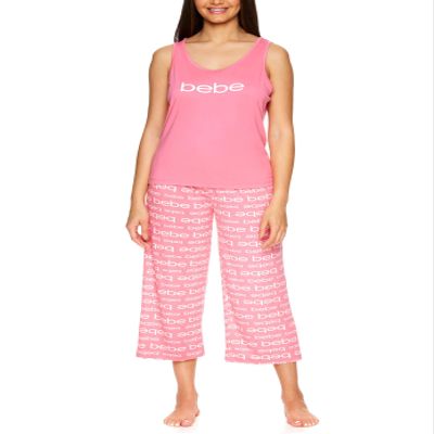 bebe Womens Pajamas Set - Short Sleeve T-Shirt and Lounge Pajama Capri Sleepwear Set (Coral, Large)