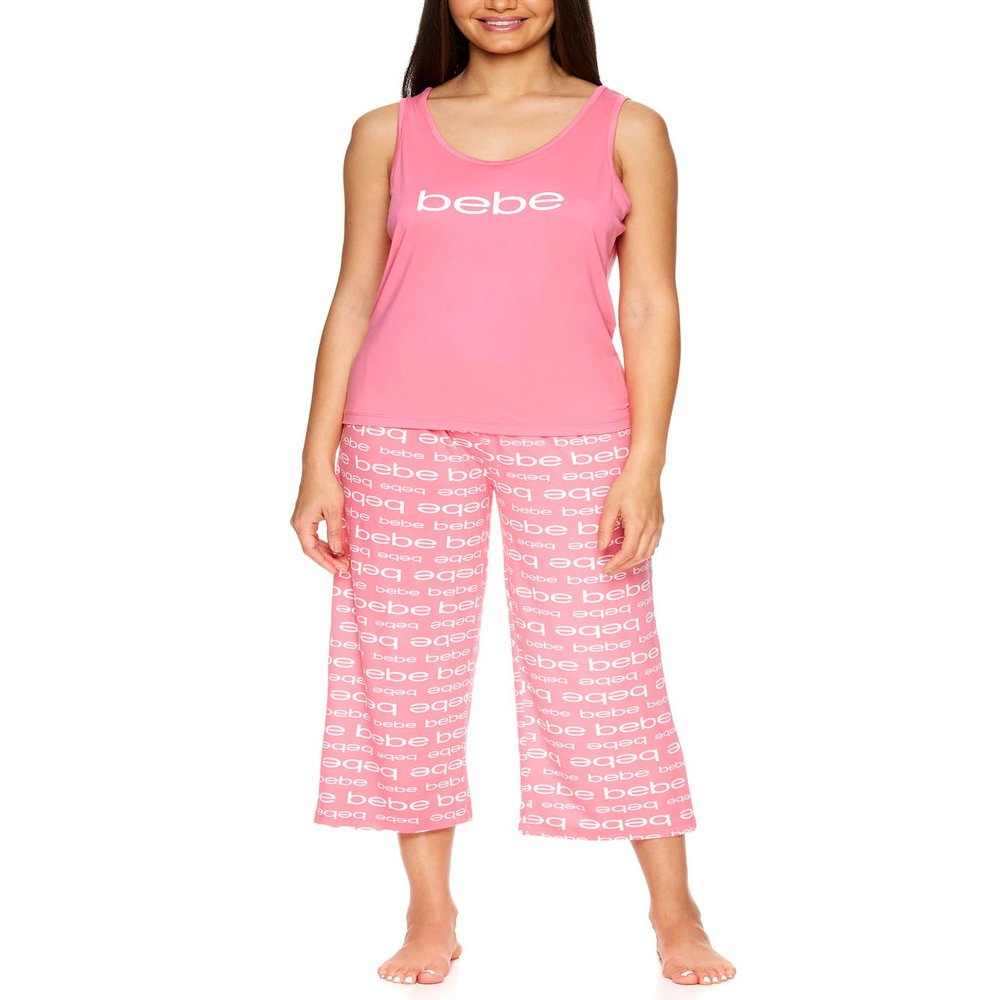 bebe Womens Pajamas Set - Short Sleeve T-Shirt and Lounge Pajama Capri Sleepwear Set (Coral, Large)