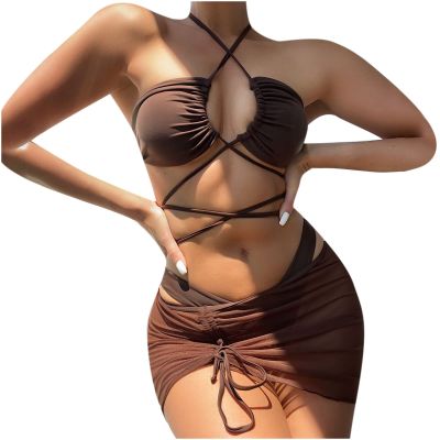 3 Packs Swimwear Womens Solid Swimsuits Triangle Halter Thong Bikini Set Butterfly Bathing Suits with Sarongs