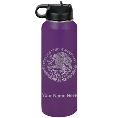 LaserGram Personalized Water Bottle, Flag of Mexico, Stainless Steel Double Wall Vacuum Insulated with Flip Top Straw, Custom Engraved Gift (40oz / 1180ml Dark Purple)