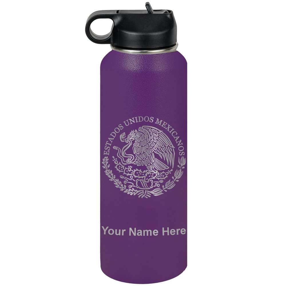 LaserGram Personalized Water Bottle, Flag of Mexico, Stainless Steel Double Wall Vacuum Insulated with Flip Top Straw, Custom Engraved Gift (40oz / 1180ml Dark Purple)