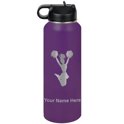 LaserGram Personalized Water Bottle, Cheerleader, Stainless Steel Double Wall Vacuum Insulated with Flip Top Straw, Custom Engraved Gift (40oz / 1180ml Dark Purple)