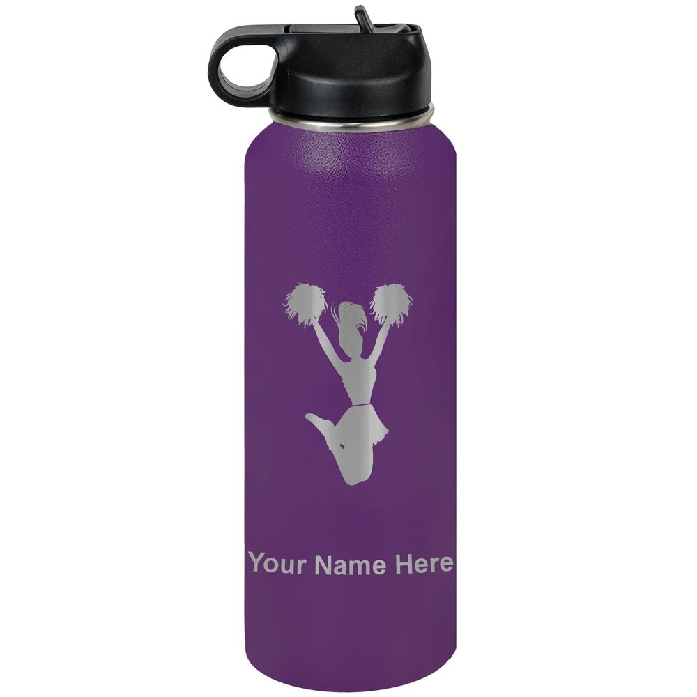 LaserGram Personalized Water Bottle, Cheerleader, Stainless Steel Double Wall Vacuum Insulated with Flip Top Straw, Custom Engraved Gift (40oz / 1180ml Dark Purple)