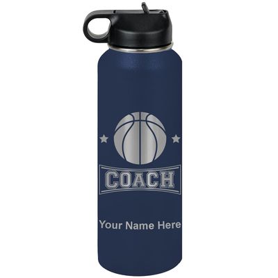 LaserGram Personalized Water Bottle, Basketball Coach, Stainless Steel Double Wall Vacuum Insulated with Flip Top Straw, Custom Engraved Gift (40oz / 1180ml Navy Blue)