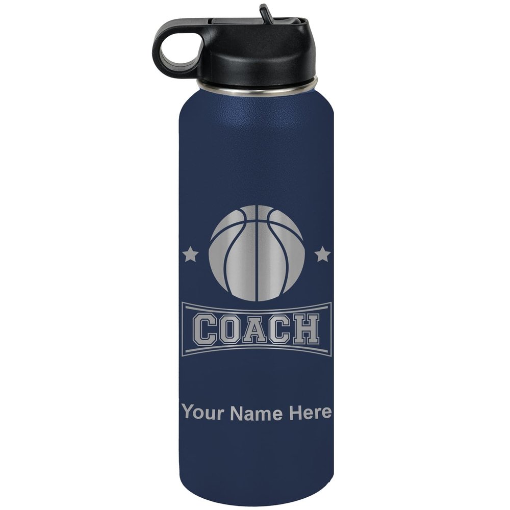 LaserGram Personalized Water Bottle, Basketball Coach, Stainless Steel Double Wall Vacuum Insulated with Flip Top Straw, Custom Engraved Gift (40oz / 1180ml Navy Blue)