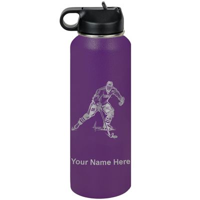 LaserGram Personalized Water Bottle, Hockey Player Man, Stainless Steel Double Wall Vacuum Insulated with Flip Top Straw, Custom Engraved Gift (40oz / 1180ml Dark Purple)