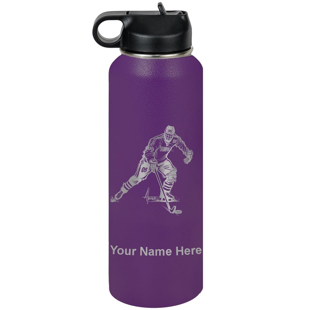 LaserGram Personalized Water Bottle, Hockey Player Man, Stainless Steel Double Wall Vacuum Insulated with Flip Top Straw, Custom Engraved Gift (40oz / 1180ml Dark Purple)